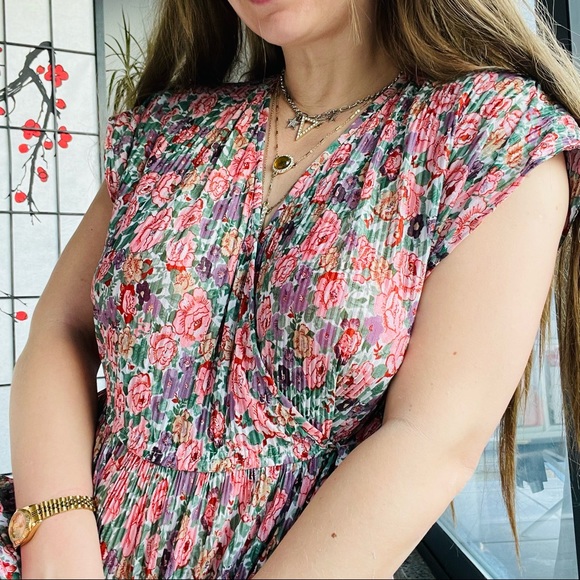 Phase II Wrap Drop Shoulder Busty Bodice Micro Pleated MIDI Floral Dress - Picture 4 of 17